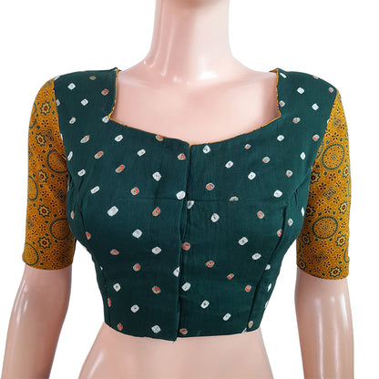 Bandhani  Cotton  Satin  Pot neck Blouse with Ajrakh Sleeves & Lining,  Bottle Green - Mustard,  BP1150