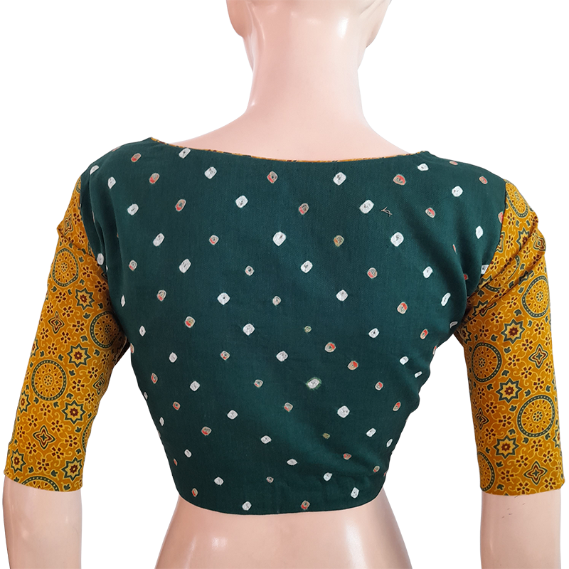 Bandhani  Cotton  Satin  Pot neck Blouse with Ajrakh Sleeves & Lining,  Bottle Green - Mustard,  BP1150