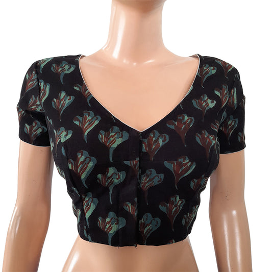 Dhabu Cotton V neck Blouse with Short Sleeves, Coffee brown,  BP1153