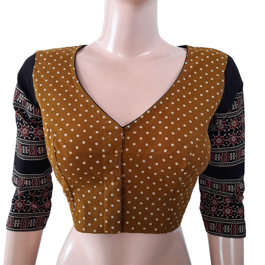 Polka dot Cotton V neck Blouse with Ajrakh Border,  Khaki,  BP1157