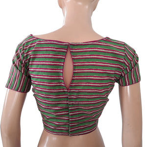 Striped Boatneck  Blouse with Short Sleeves, Backopen,  Green - Pink,  BP1159