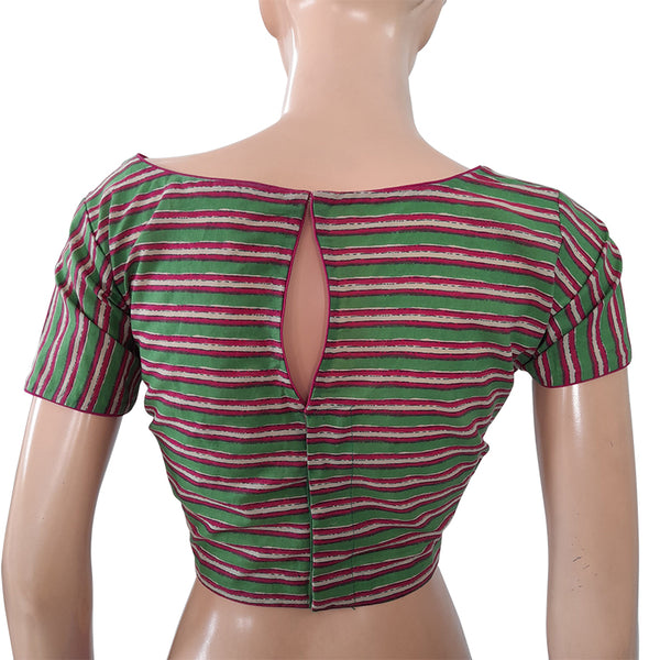 Striped Boatneck  Blouse with Short Sleeves, Backopen,  Green - Pink,  BP1159