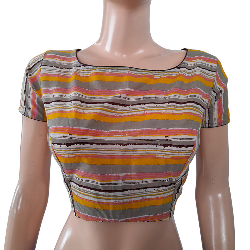 Striped Printed Cotton Boat neck Blouse with Short Sleeves