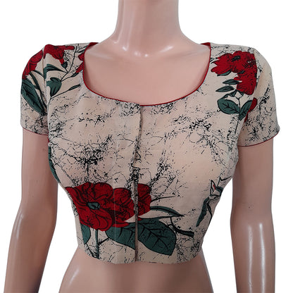 Jaipur Printed Cotton Roundneck Blouse with Short Sleeves & Lining,  Cream,  BP1169