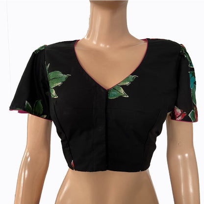 Floral Digital  Printed Cotton V neck Blouse with Ruffle Sleeves & Lining,  Black,  BP1177