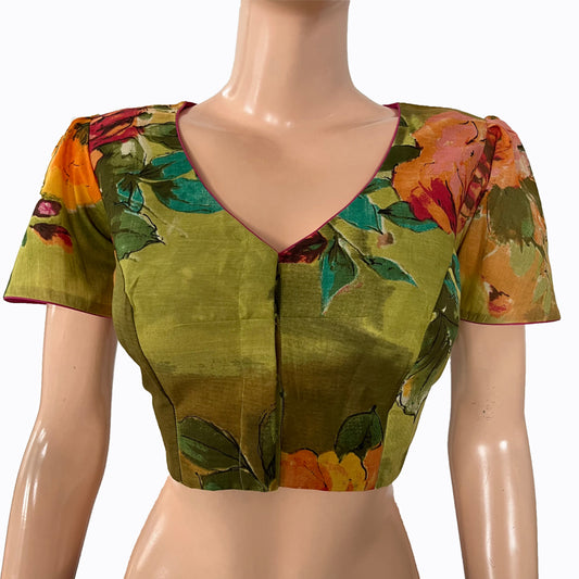 Floral Digital  Printed Cotton V neck Blouse with Ruffle Sleeves & Lining,  Olive Green,  BP1178