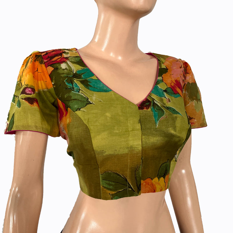 Floral Digital  Printed Cotton V neck Blouse with Ruffle Sleeves & Lining,  Olive Green,  BP1178