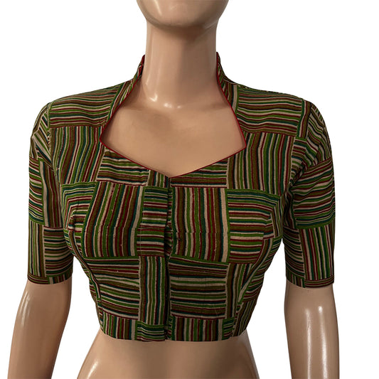 Block Printed Cotton  Striped Highneck Blouse,  Green,  BP1180