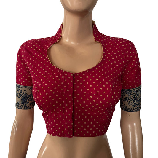 Polka dot  Highneck Blouse with Kalamkari Patches,  Majentha,  BP1184