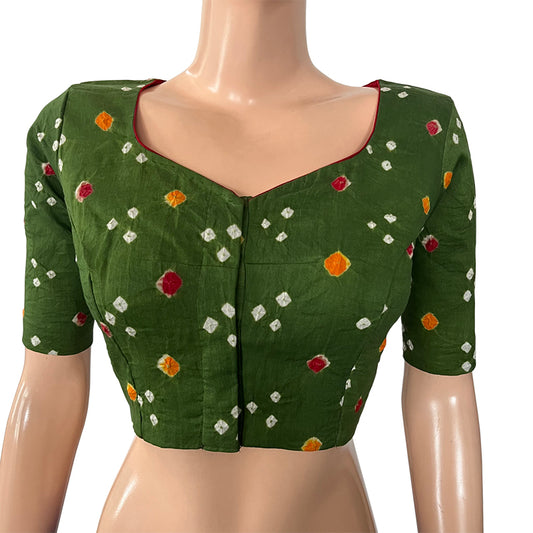 Bandhani  Cotton  Y neck Blouse with Lining,  Green,  BP1186