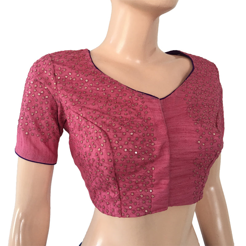 Tussar Silk Sweetheart neck Blouse with Sequence work, Pink, BS1048