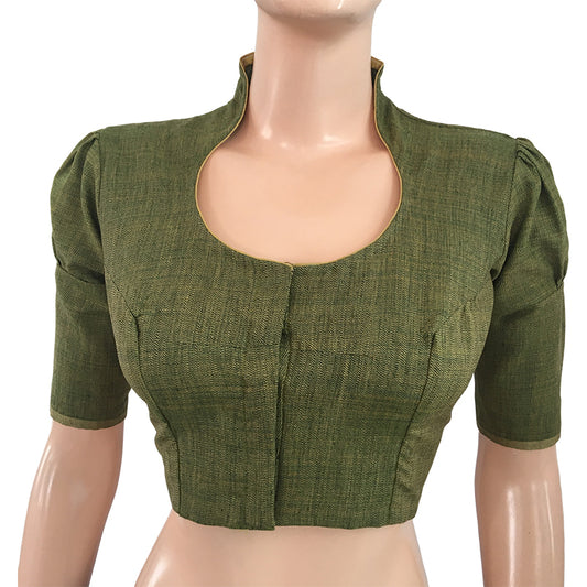Chanderi Highneck Blouse with Keyhole back & Lining, Olive Green, BS1086