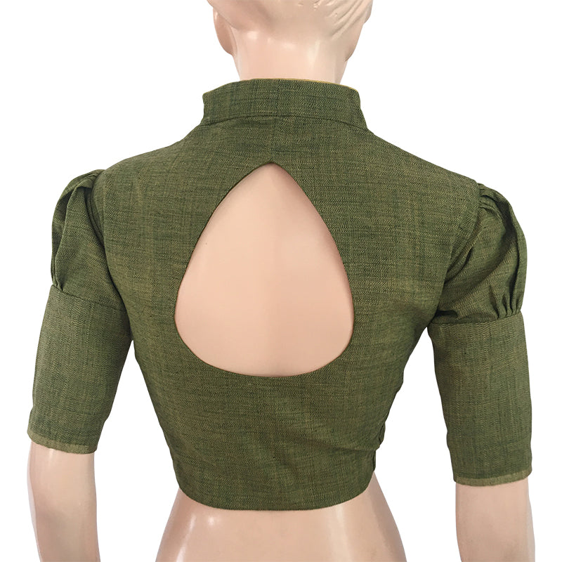 Chanderi Highneck Blouse with Keyhole back & Lining, Olive Green, BS1086