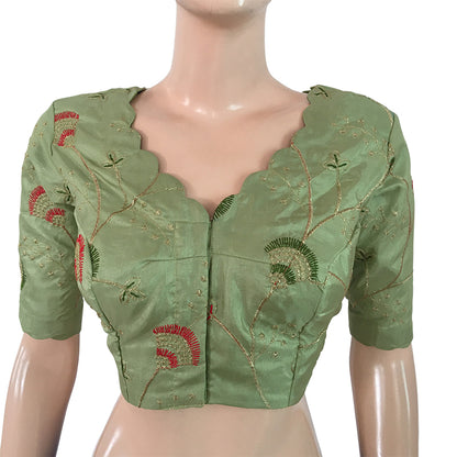 Semi Raw Silk Embroidered Scallop V neck Blouse with Lining,  Light Green,  BS1097