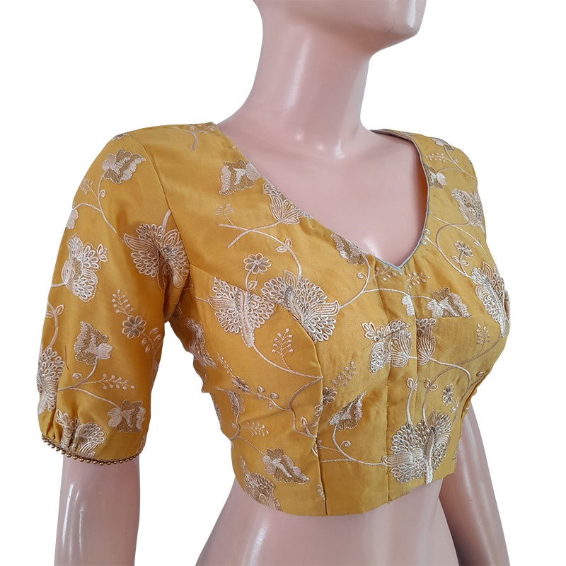 Embroidered Chanderi Silk V neck Blouse with Gathered Sleeves & Bead Details, Yellow, BS1102