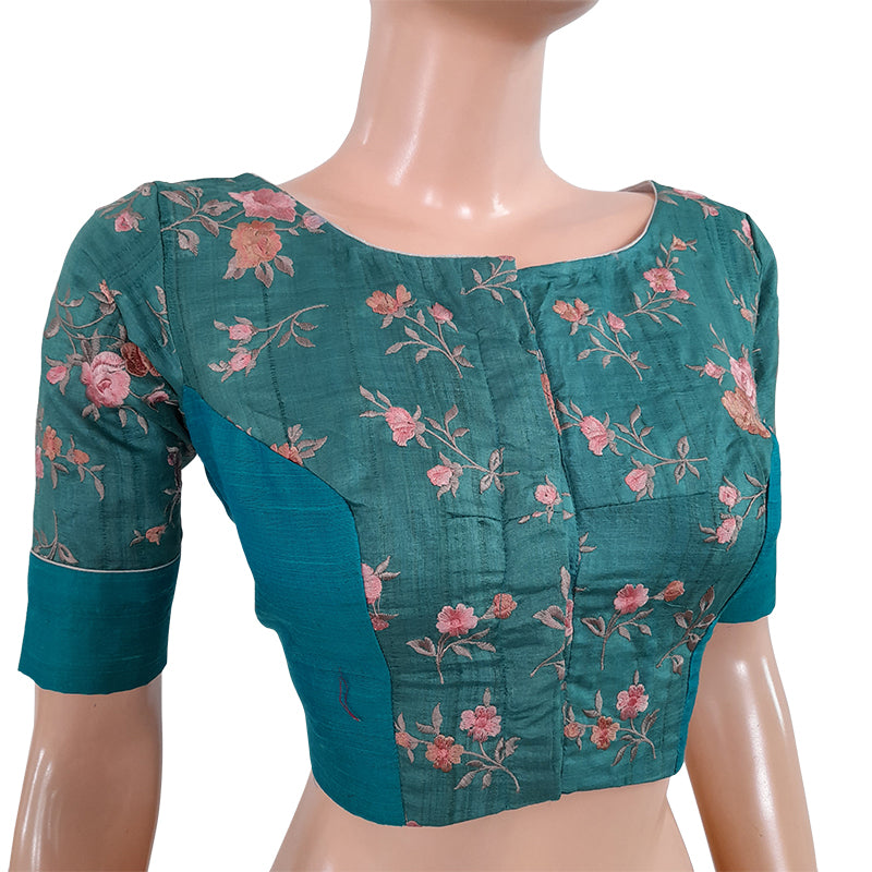 Pure Tussar Silk Boatneck Blouse with Lining, Teal, BS1111