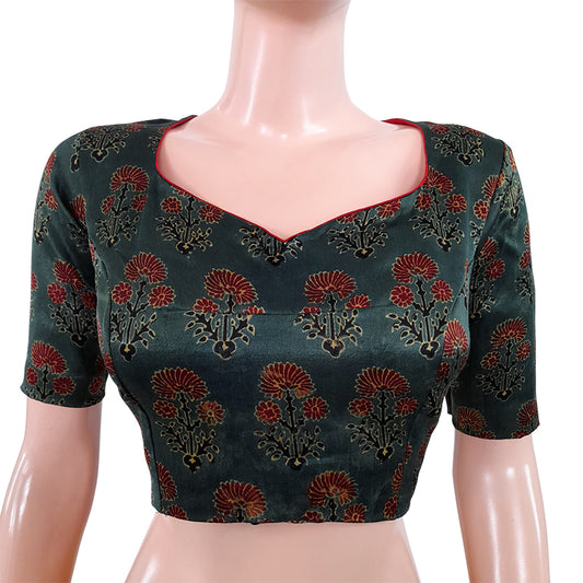 Block Printed Gajji Silk Y neck Blouse, Backopen, Bottle Green, BS1113