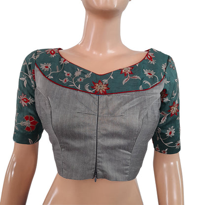 Embroidered Raw Silk Y neck Blouse with Front Zip Opening & Lining, Teal Green, BS1115