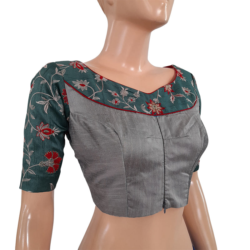 Embroidered Raw Silk Y neck Blouse with Front Zip Opening & Lining, Teal Green, BS1115