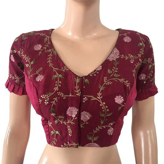 Pure Chanderi Silk Embroidered V neck Blouse with Frilled Short Sleeves & Lining, Majentha, BS1117