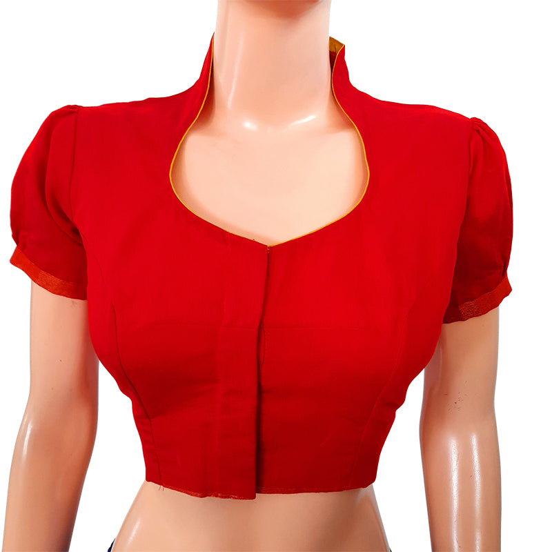 Semi Chanderi Silk Highneck Blouse with Puff Sleeves, Water drop hole in the back & Lining,  Red, BS1121A