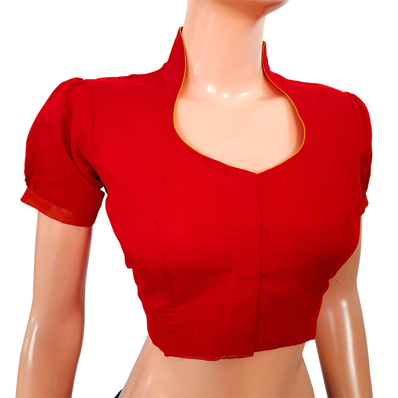 Semi Chanderi Silk Highneck Blouse with Puff Sleeves, Water drop hole in the back & Lining,  Red, BS1121A