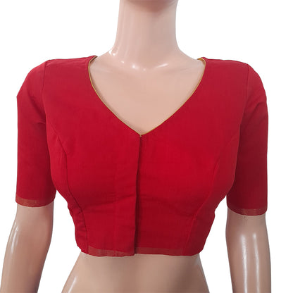 Semi Chanderi Silk V neck Blouse with Zari border & Lining,  Red, BS1123A