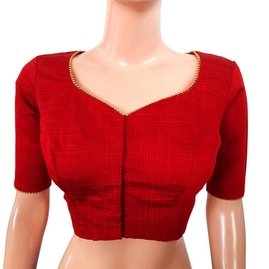 Semi Raw Silk Sweetheart neck Blouse with Beeds Lace Details & Lining,  Self Checkered, Maroon, BS1126A