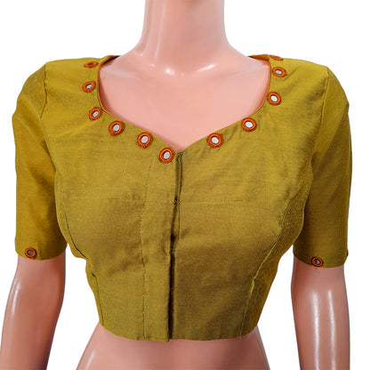 Textured Art Silk Y neck Blouse with Mirror Work Details & Lining,  Lemon Green, BS1128A