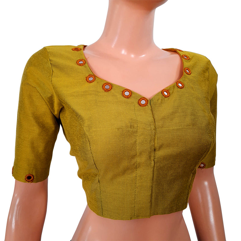 Textured Art Silk Y neck Blouse with Mirror Work Details & Lining,  Lemon Green, BS1128A