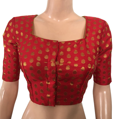Satin Silk Squareneck Blouse with  Golden Butta & Lining,  Red, BS1131