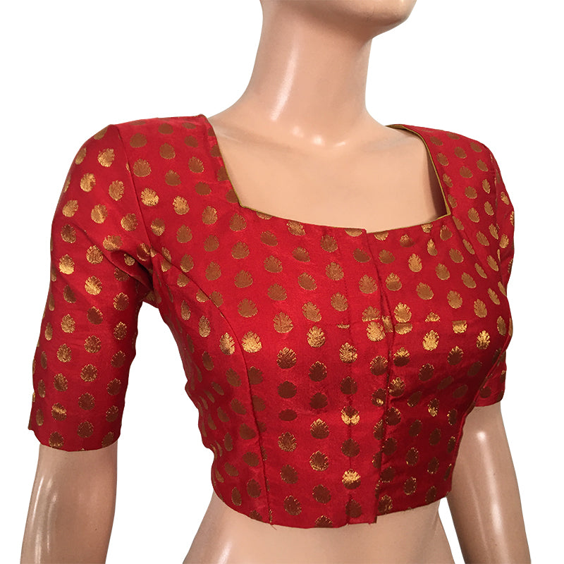 Satin Silk Squareneck Blouse with  Golden Butta & Lining,  Red, BS1131