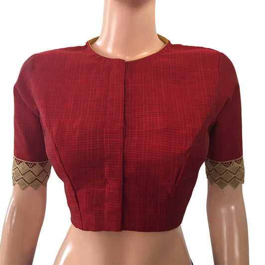 Semi Raw Silk Closeneck  Blouse with Lace Border, Metal details & Lining,  Maroon,  BS1132