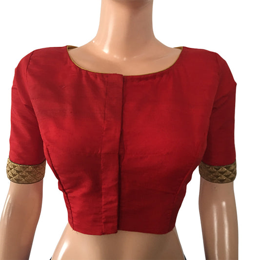 Semi Raw Silk Boatneck  Blouse with Zari Lace Border, Metal details & Lining,  Red,  BS1133
