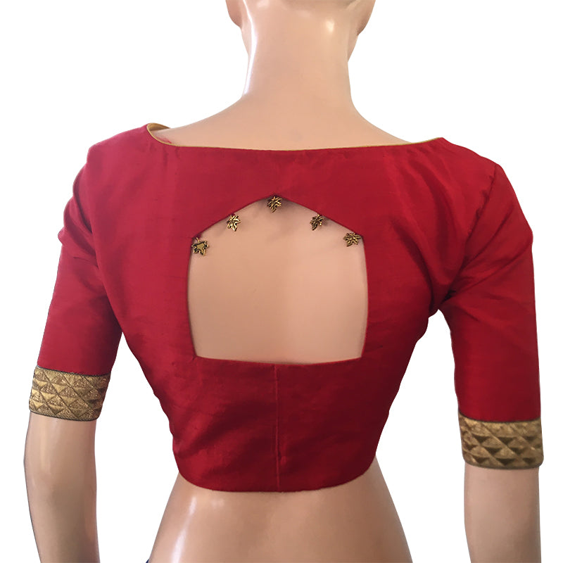 Semi Raw Silk Boatneck  Blouse with Zari Lace Border, Metal details & Lining,  Red,  BS1133