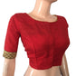 Semi Raw Silk Boatneck  Blouse with Zari Lace Border, Metal details & Lining,  Red,  BS1133