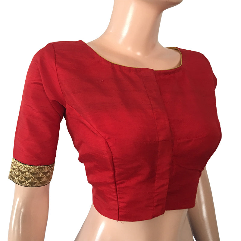 Semi Raw Silk Boatneck  Blouse with Zari Lace Border, Metal details & Lining,  Red,  BS1133