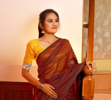 Pure Tussar Silk Squareneck Blouse  with Silver Zari Lace & Lining,  Self Checkered,  Mustard, BS1136