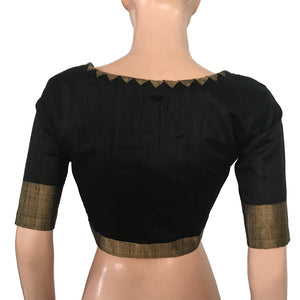 Pure Raw Silk  Roundneck Blouse with Zari Border,  Beads Details  & Lining   Black,  BS1142
