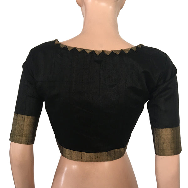 Pure Raw Silk  Roundneck Blouse with Zari Border,  Beads Details  & Lining   Black,  BS1142