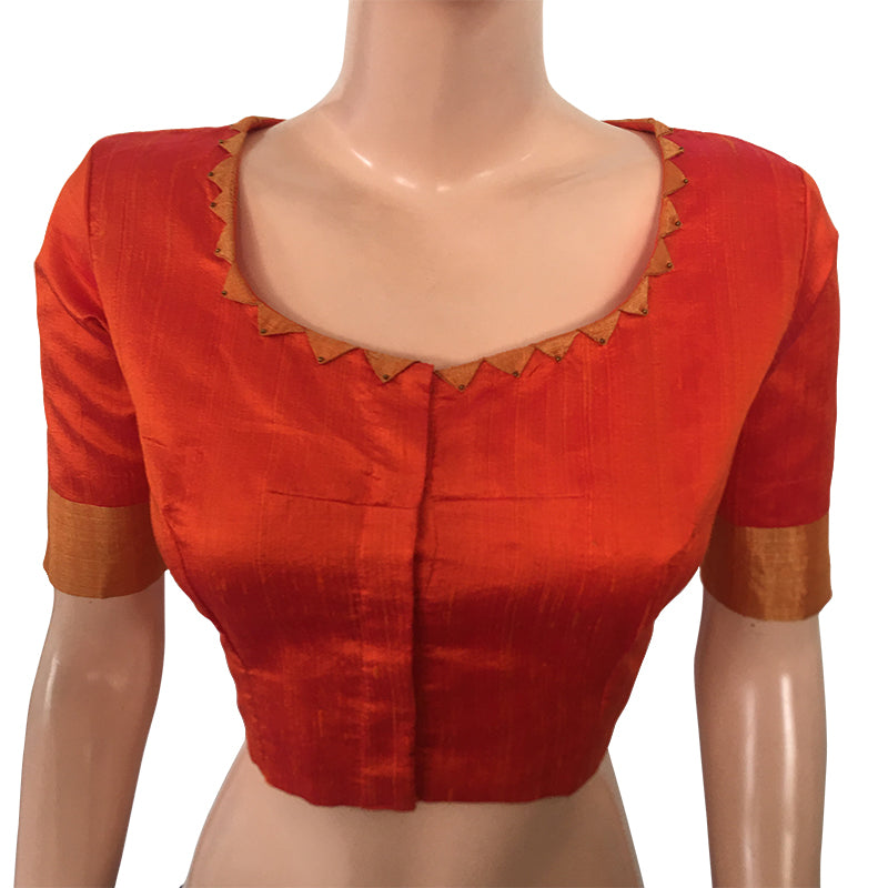 Pure Raw Silk  Roundneck Blouse with Zari Border, Beads Details  & Lining   Orange,  BS1143