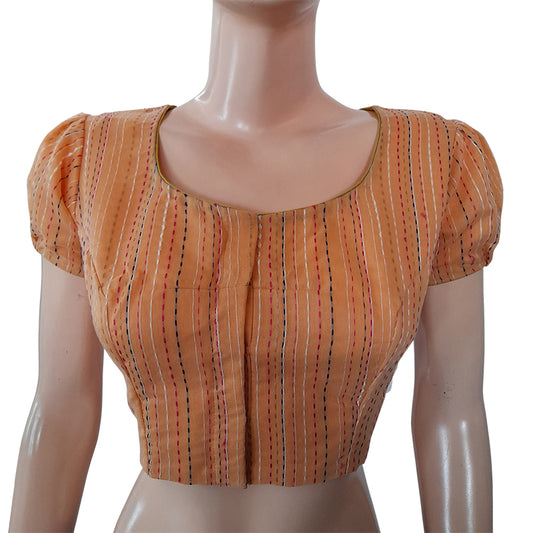 Semi Chanderi Silk Roundneck Blouse with  Kantha Stripes & Lining,  Peach,  BS1145