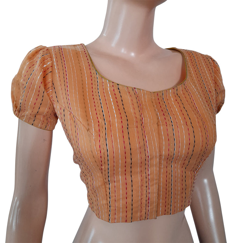 Semi Chanderi Silk Roundneck Blouse with  Kantha Stripes & Lining,  Peach,  BS1145