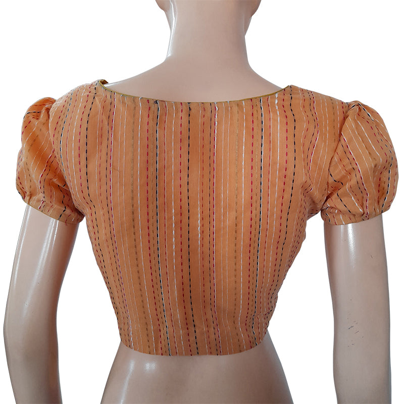Semi Chanderi Silk Roundneck Blouse with  Kantha Stripes & Lining,  Peach,  BS1145