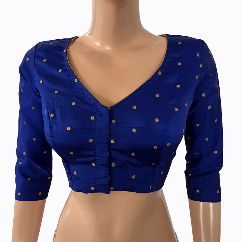 Semi Banarasi Silk  V neck Blouse with Golden  Butta  & Lining,  Ink blue,  BS1149