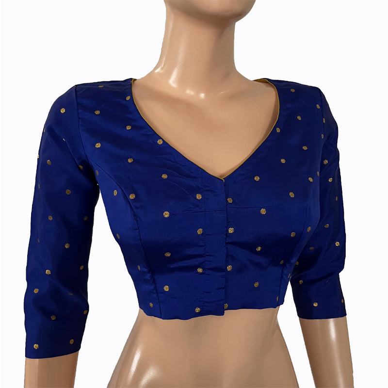 Semi Banarasi Silk  V neck Blouse with Golden  Butta  & Lining,  Ink blue,  BS1149