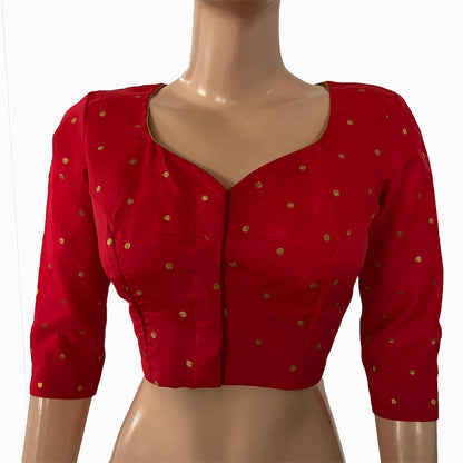 Semi Banarasi Silk  Y neck Blouse with Golden  Butta  & Lining,  Red,  BS1151