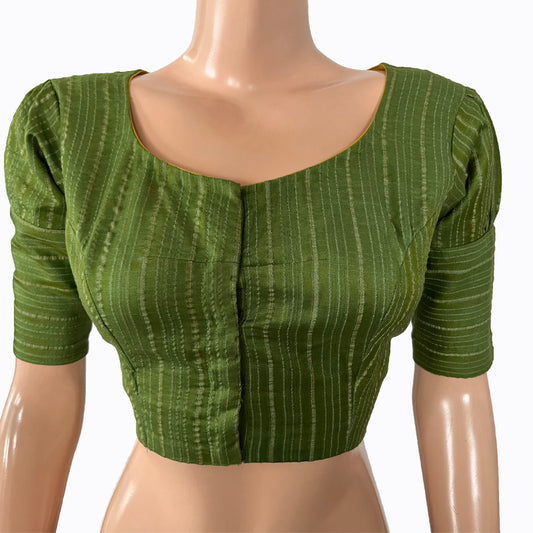 Bhagalpuri Silk Roundneck Blouse with  Puff Sleeves & Zari Stripes,   Green,  BS1154