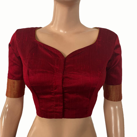 Pure Raw Silk Y neck Blouse with Zari Border, Maroon, BS1156