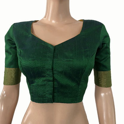 Pure Raw Silk  Sweetheart neck Blouse with Zari Border, Green, BS1157